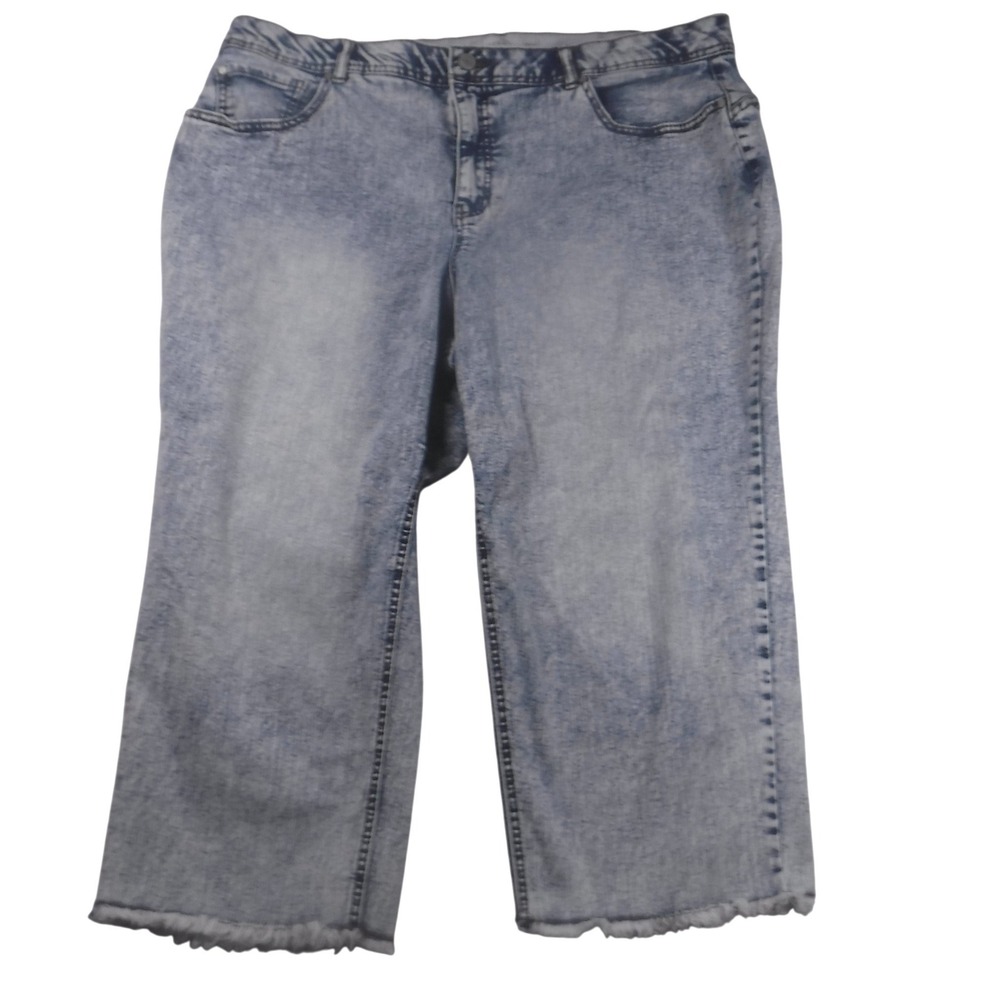 Cato Denim Womens 18W Hi-Rise Acid Wash‎ Raw Hem Capri Jeans Light Blue